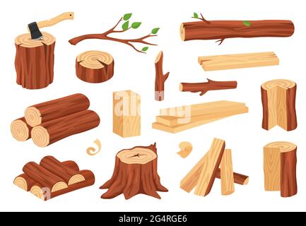 Cartoon wood log and trunk. Wooden lumber materials logs, trunks, stumps, firewood, planks, branches. Hardwood construction elements vector set. Natural plants for construction and material Stock Vector