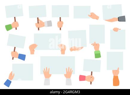 Hands holding banners. Peaceful protesters hold placards. Empty sign, board, banner in hand. Demonstration or protest, voting campaign vector set. Activists support social or political manifestation Stock Vector