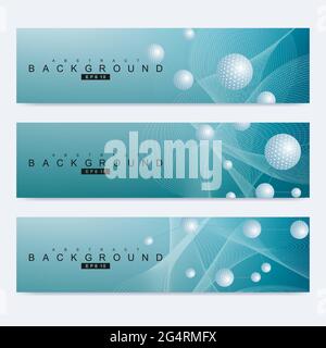 Scientific set of modern vector banners. DNA molecule structure with connected lines and dots. Scientific and technology concept. Wave flow graphic Stock Vector