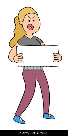 Cartoon angry protester woman holding sign and walking, vector illustration. Colored and black outlines. Stock Vector