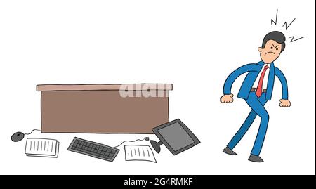 Cartoon man threw the computer and papers on the floor and is sleeping ...