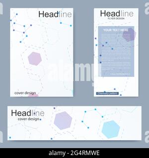 Set flyer, brochure size A4 template,banner. Molecular structure with connected lines and dots. Scientific pattern atom DNA with elements for magazine Stock Vector