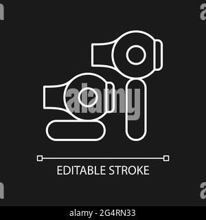 Travel size hair dryer white linear icon for dark theme. Portable electronic appliance for hygiene. Thin line customizable illustration. Isolated vect Stock Vector