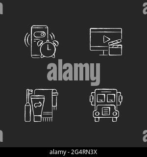 Student everyday routine chalk white icons set on dark background Stock Vector