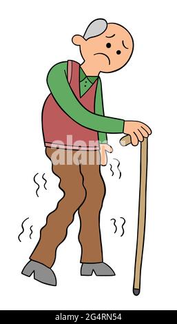 Cartoon old man has a cane he can hardly walk, vector illustration. Colored and black outlines. Stock Vector