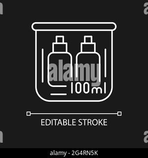 Travel size bottles 100 ml white linear icon for dark theme. Portable amenities with cosmetics. Thin line customizable illustration. Isolated vector c Stock Vector