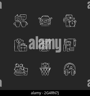 Daily routine chalk white icons set on dark background Stock Vector