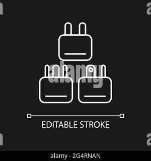 Travel adapter white linear icon for dark theme. Universal plug for airplane passenger. Thin line customizable illustration. Isolated vector contour s Stock Vector