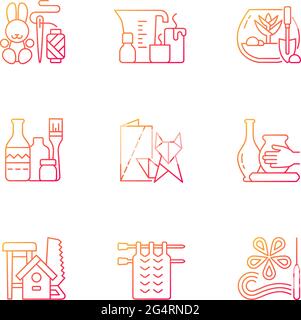 Trendy arts gradient linear vector icons set. Handmade toys. Candle making. DIY tropical terrarium. Bottle painting. Thin line contour symbols bundle. Stock Vector