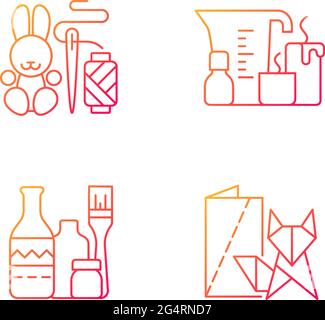 Trendy crafts gradient linear vector icons set. Amigurumi bunny. Candle making. Repurposed bottles. Handmade toys. Thin line contour symbols bundle. I Stock Vector