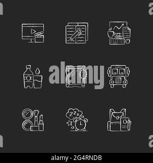 Everyday activities chalk white icons set on dark background Stock Vector