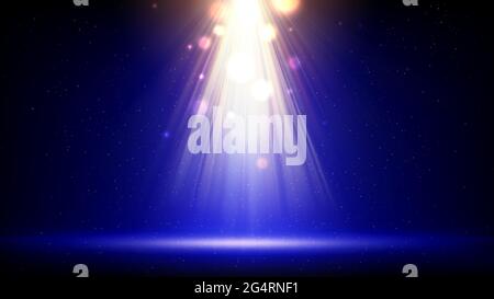 Spotlight backdrop. Illuminated blue stage. Background for displaying products. Bright beams of spotlights, shimmering glittering particles, a spot of Stock Vector