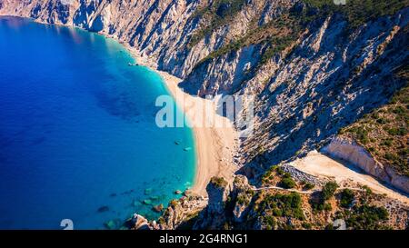 Famous Platia Ammos beach in Cephalonia (Kefalonia) island, Greece. Aerial view of Platia Ammos beach , one of famous beach in Kefalonia island in Gre Stock Photo