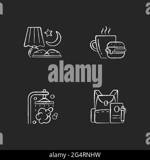 Everyday schedule and routine chalk white icons set on dark background Stock Vector