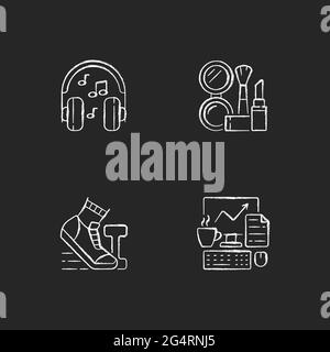 Everyday office worker routine chalk white icons set on dark background Stock Vector