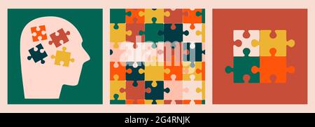 Set of multicolored vector illustrations and seamless patterns. Psychological help concept. Assembled and disassembled puzzles. Symbolizes resolution Stock Vector