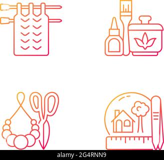 Creative crafts gradient linear vector icons set. Knitting. Handmade pom pom jewelry. Decoupage. Creating miniatures. Thin line contour symbols bundle Stock Vector