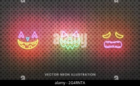 Halloween neon face icons. Set of bright neon colored face expreshions for Halloween Stock Vector