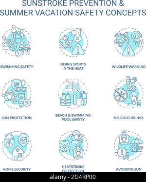 Sunstroke prevention concept icons set. Summer vacation safety idea thin line color illustrations. Wildlife warning. Safe swimming. No cold drinks. Ve Stock Vector