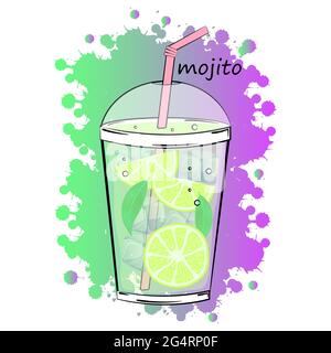 Mojito drink with ice, mint and lemon in plastic cup. Vector illustration. Stock Vector