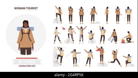 African american black woman tourist traveler adventure poses vector illustration set. Cartoon pretty young female hiker with backpack posing tourism activity, traveling, hiking climbing isolated Stock Vector