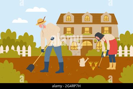 People farmers work in farm garden vector illustration. Cartoon gardener characters in rubber boots farming, man worker working with shovel, woman gardening, picking carrot vegetables background Stock Vector