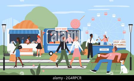 City market festival or holiday outdoor fair on town square or park vector illustration. Cartoon happy people walk together, man woman character buying coffee and pastries in stall or kiosk background Stock Vector