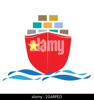 Concept design cargo ship with China flag. Commercial vessel containers freight import and export maritime logistic. Vector illustration design Stock Vector
