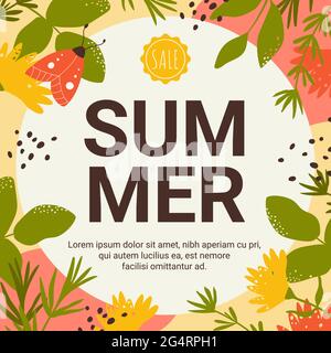 Summer offer sale banner set vector illustration. Cartoon summer flowers, butterflies and floral leaves in round promo banner template for mobile website, online shopping ads, social media marketing Stock Vector