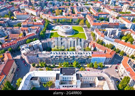 Zagreb aerial. The Mestrovic Pavilion on the Square of the Victims of Fascism in central Zagreb aerial view. Capital of Croatia. Stock Photo