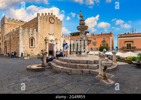 Front view of Cathedral of St Nicholas of Bari in Taormina city on Sicily Island. Cathedral of Taormina (Duomo di Taormina/Duomo di San Nicolo di Bari Stock Photo