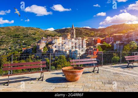 Amazing cityscape of Novara di Sicilia town. View of Novara di Sicilia, Sicily, Italy, Europe. Mountain village Novara di Sicilia, Sicily, Italy. Stock Photo