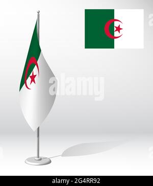 Algeria flag on flagpole for registration of solemn event, meeting foreign guests. National independence day of Algeria. Realistic 3D vector on white Stock Vector