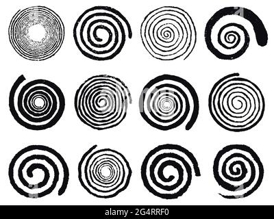 Grunge spirals. Swirling abstract simple rotating spirals, black ink spiral circles isolated vector illustration set. Vortex swirl elements Stock Vector