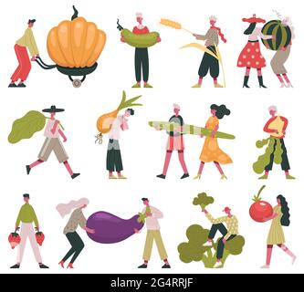 Vegetarian diet lifestyle. Tiny people with fruits and vegetables, farm organic healthy food cartoon vector illustration set. Eating healthy food Stock Vector