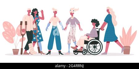 Handicapped people. Group of disabled characters, friendly disable injury persons isolated vector illustration. Disabled people group Stock Vector
