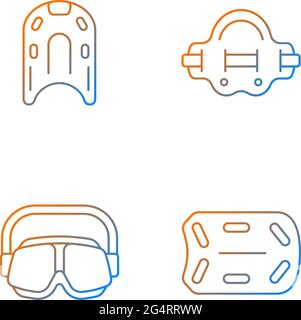 Swimming pool supplies gradient linear vector icons set. Kickboard. Aqua jogger. Swimming goggles. Aquatic fitness. Thin line contour symbols bundle. Stock Vector