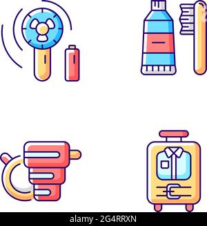 Things for travelling tourist suitcase RGB color icons set Stock Vector