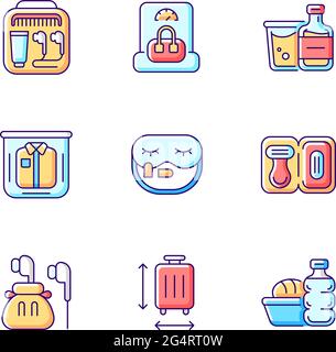 Essential tourist pack for travel RGB color icons set Stock Vector