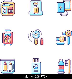 Airplane passenger travelling things RGB color icons set Stock Vector