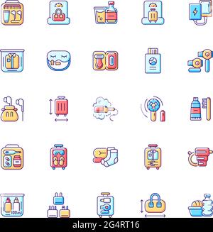 Travel size objects RGB color icons set Stock Vector