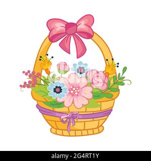 Cute cartoon wicker basket with bow and flowers. Vector isolated illustration on white background. For t-shirt, print and design, poster, card, sticke Stock Vector