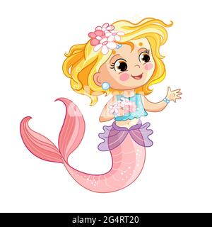 Cute blonde young mermaid with purple tale and flowers. Cartoon character. Vector isolated illustration on white background. For t-shirt, print and de Stock Vector