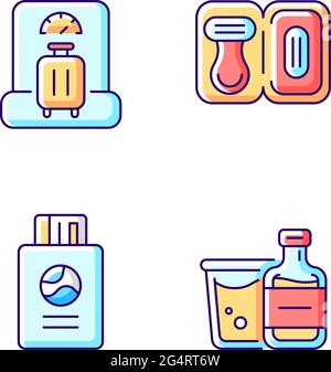 Tourist baggage for travel RGB color icons set Stock Vector