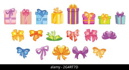 Set of colorful gift boxes with ribbons and bows. Decorative stylish wrap for presents package. Gifts collection web icon sign symbol. Vector isolated Stock Vector