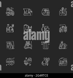 Trending hobbies chalk white icons set on dark background Stock Vector