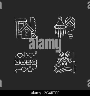 Creative activities chalk white icons set on dark background Stock Vector