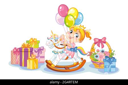 Preschool cute smiling girl riding on fantasy rocking horse and presents. Birthday and celebration concept. Vector character isolated illustration. Fo Stock Vector