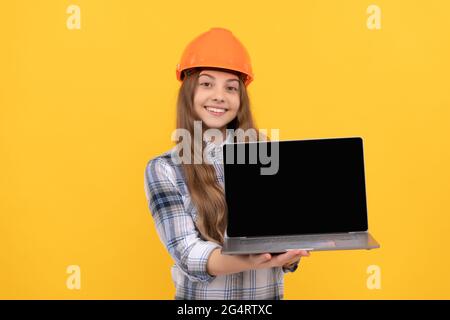 builder kid hold computer. building and construction. webinar. happy ...