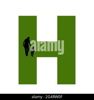 letter H of the alphabet made with silhouette of a mother and child walking, in green and black Stock Photo